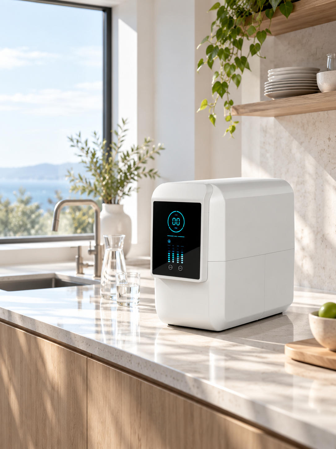 Modern ev mutfağında Miswater Pulse su arıtma cihazı